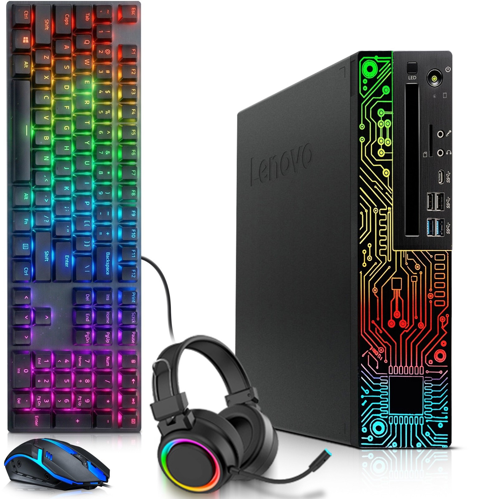 Lenovo RGB Gaming PC i5-8th 16GB 256GB SSD 24” LED NVIDIA GT RGB K&M+Headset W11