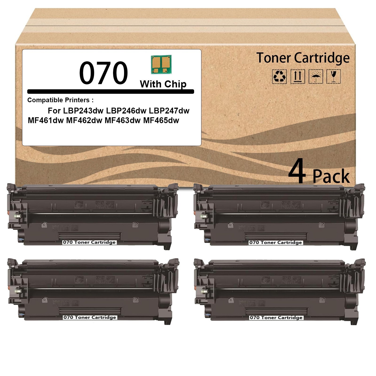 4Pack 070 CRG-070 CRG070 Black Toner Cartridge Works for LBP243dw (with Chip)