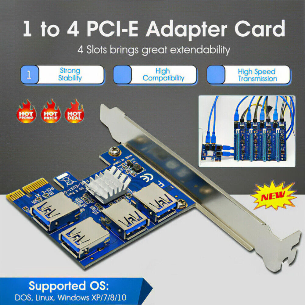PCI-E to USB Adapter 4-port PCI-E X1 to USB 3.0 Riser Card Extender Board Mining