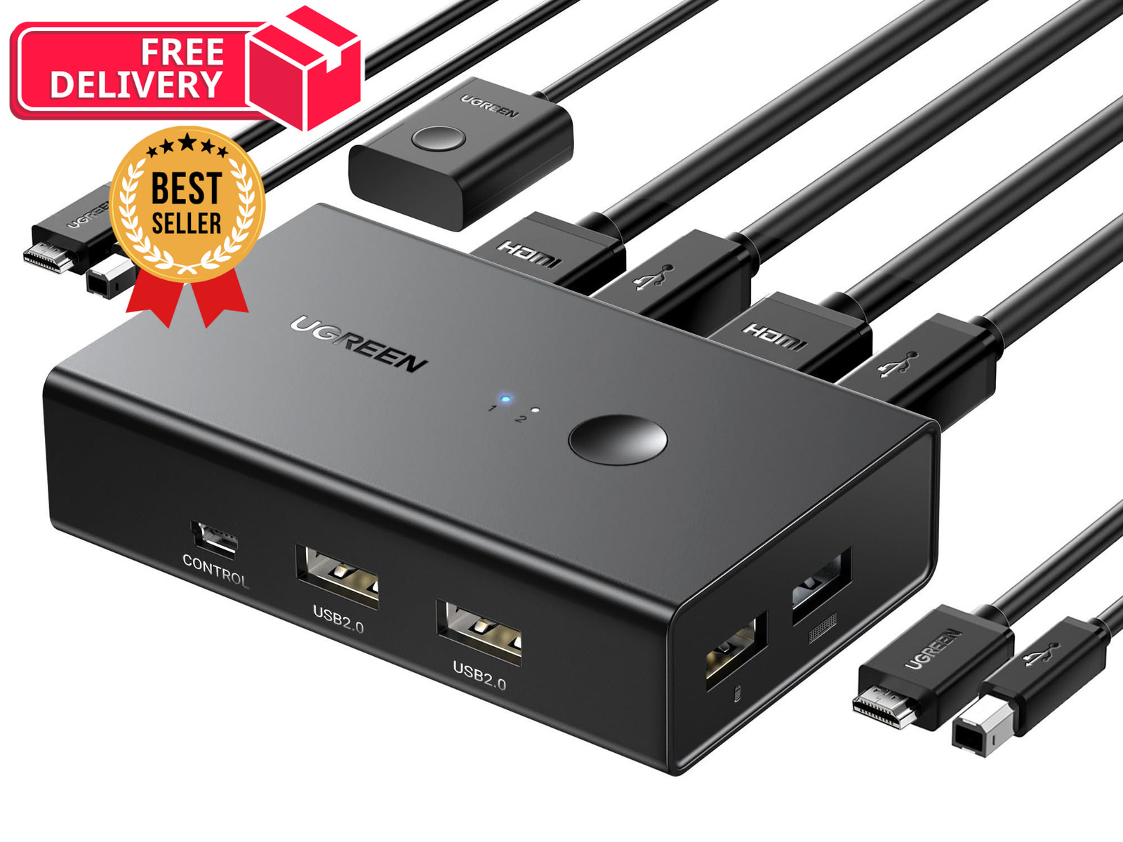 UGREEN HDMI KVM Switch 1 Monitor 2 Computers, 4K@60Hz, with 4 USB Ports Black