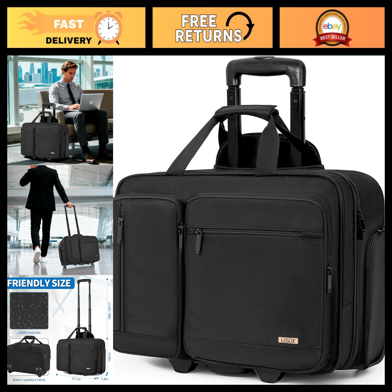 Stylish Rolling Laptop Bag for Travel, Overnight Computer Case for Men & Women