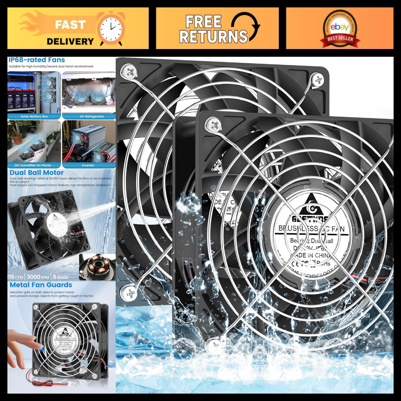 High-Speed 120mm Waterproof Fan 12V DC IP68 Dual Ball Bearing 2-Pin Cooling