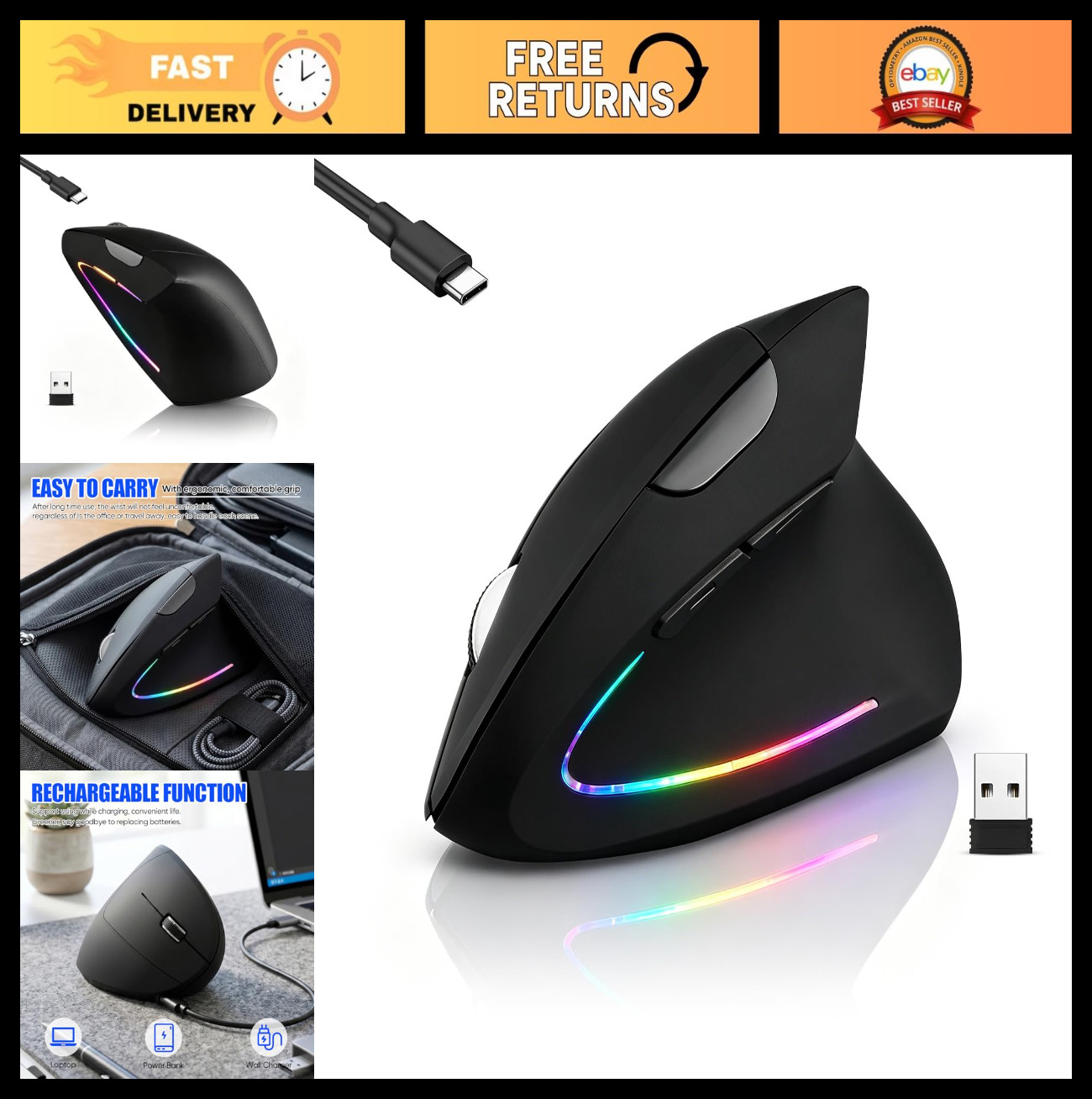 Ergonomic Wireless Bluetooth Vertical Mouse, Rechargeable Slim Dual Mode Mice fo
