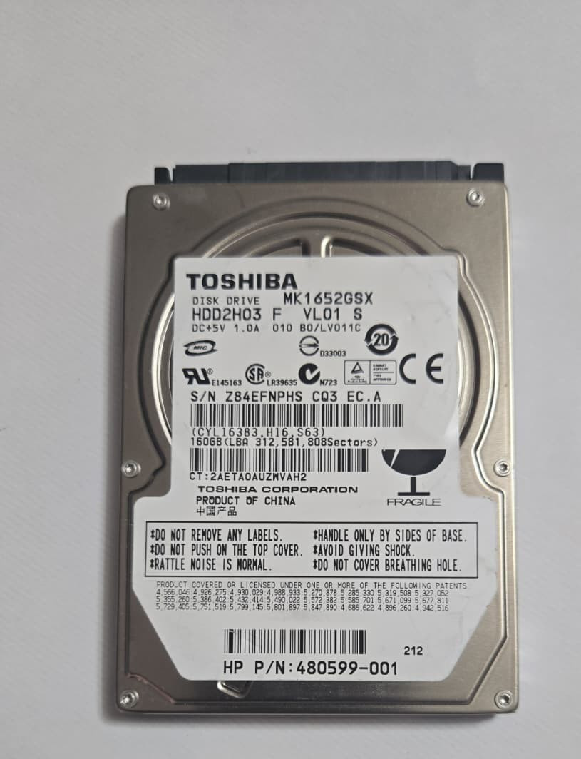 Toshiba MK1652GSX 160GB HDD2H03 W SK01 T SATA 2.5" 480599-001 TESTED US SELLER