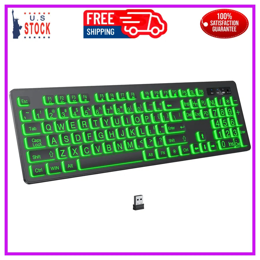 KOPJIPPOM Large Print Backlit Wireless Keyboard 2.4G Rechargeable Full Size PC