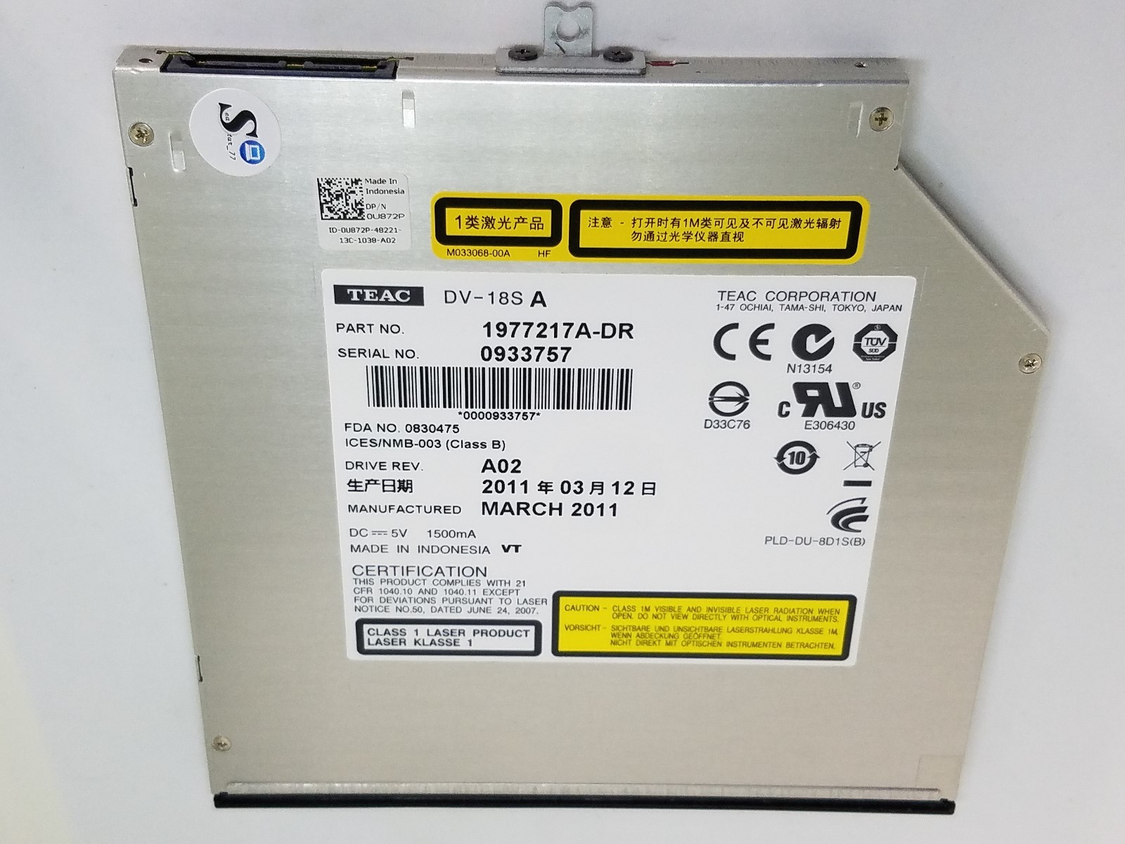 Ref - U872P OEM Dell Precision M6500 Laptop DVD-ROM Drive SATA DV-18S (4-18)