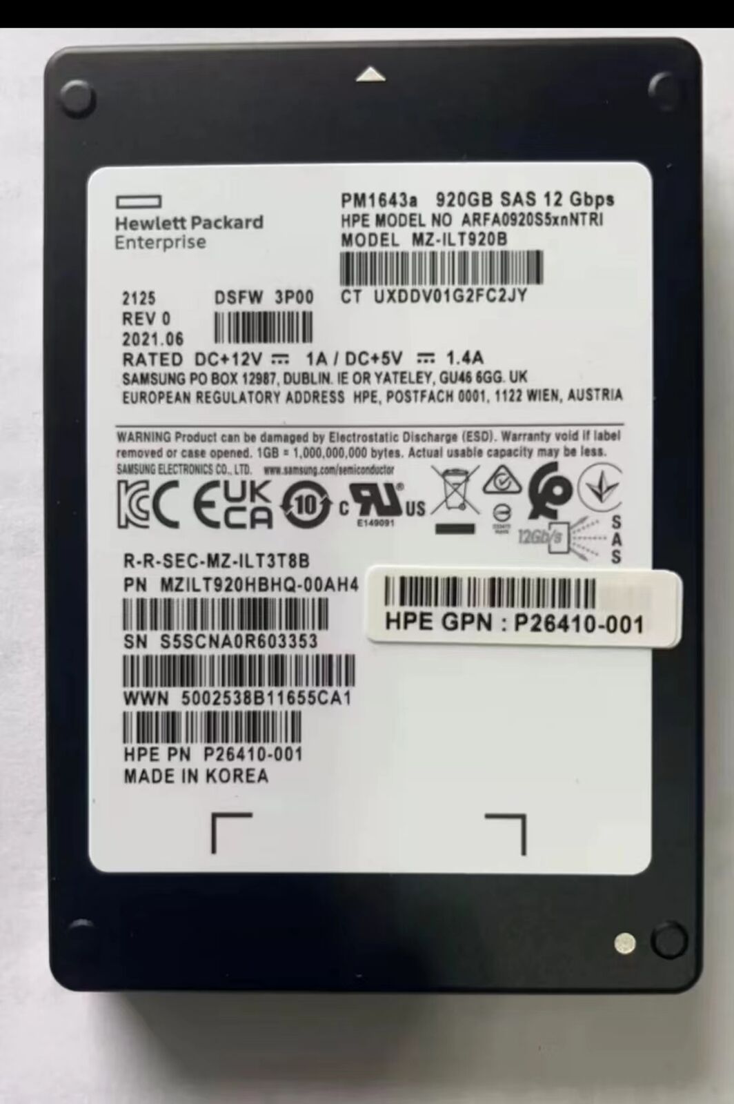 Samsung PM1643a 920GB SSD SAS 12Gbps MZ-ILT920B HPE  ARFA0920S5xnNTRI DSFW 3P00