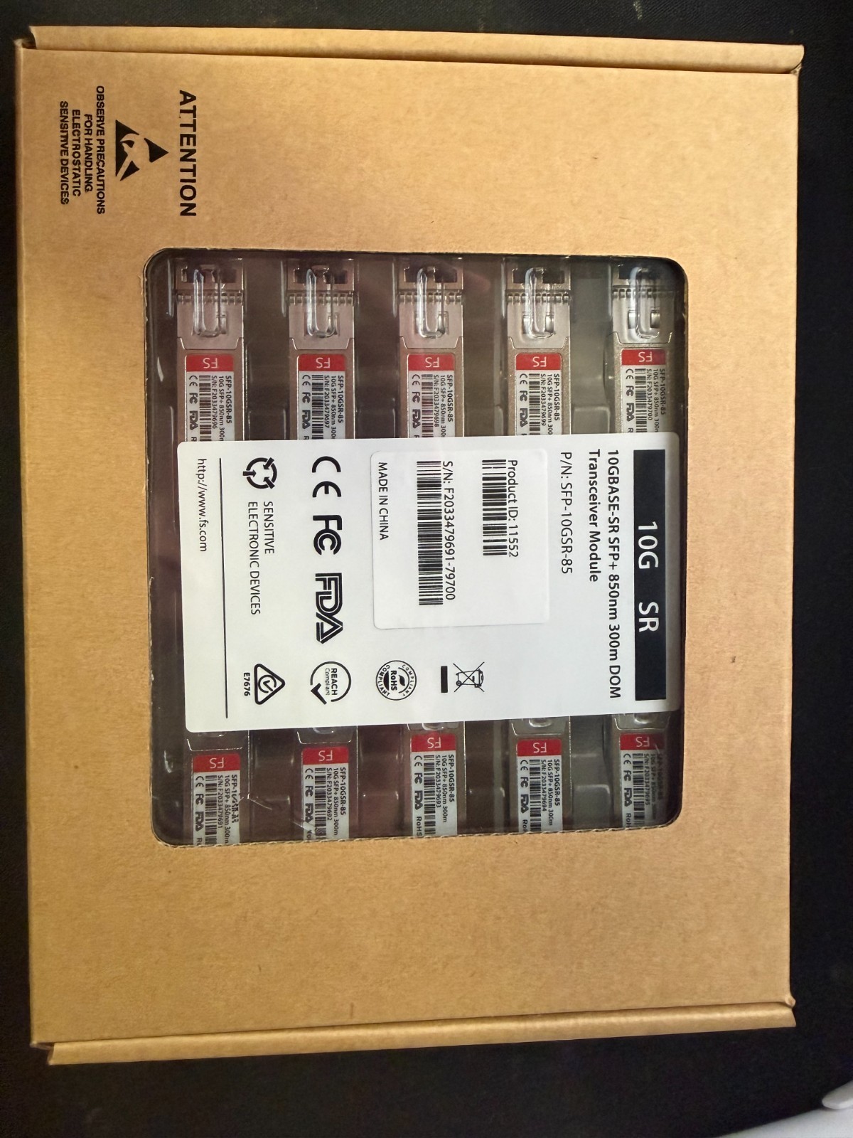 Fiberstore 10x 10GBASE-SR SFP+ 850nm 300m DOM Transceiver Modules SFP-10GSR-85