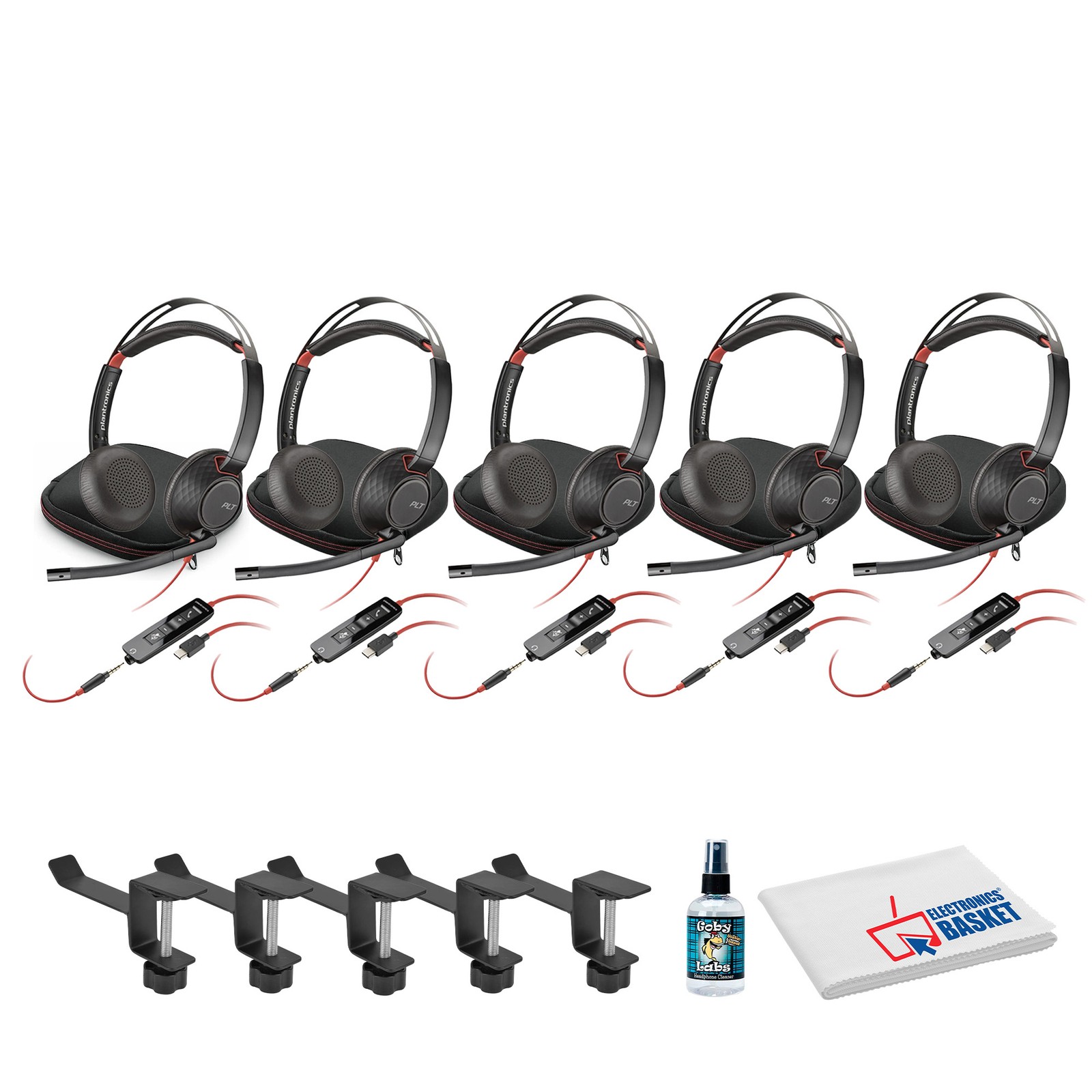 5x Poly Blackwire 5220 Stereo USB-C Headset with USB-C to USB-A Adapter Bundle