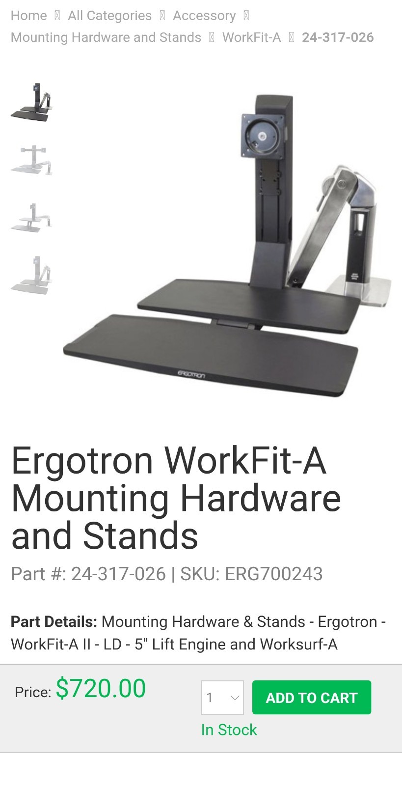Ergotron WorkFit-A Single Monitor Stand Black VESA 100x100 24-317-026