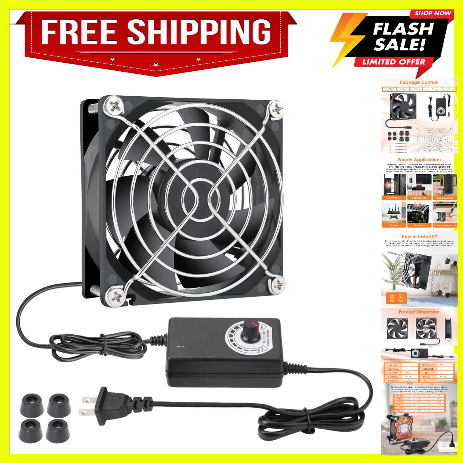 80mm Small Computer Fan with AC Plug, 110V 120V 220V 240V Fan with Speed Cont...
