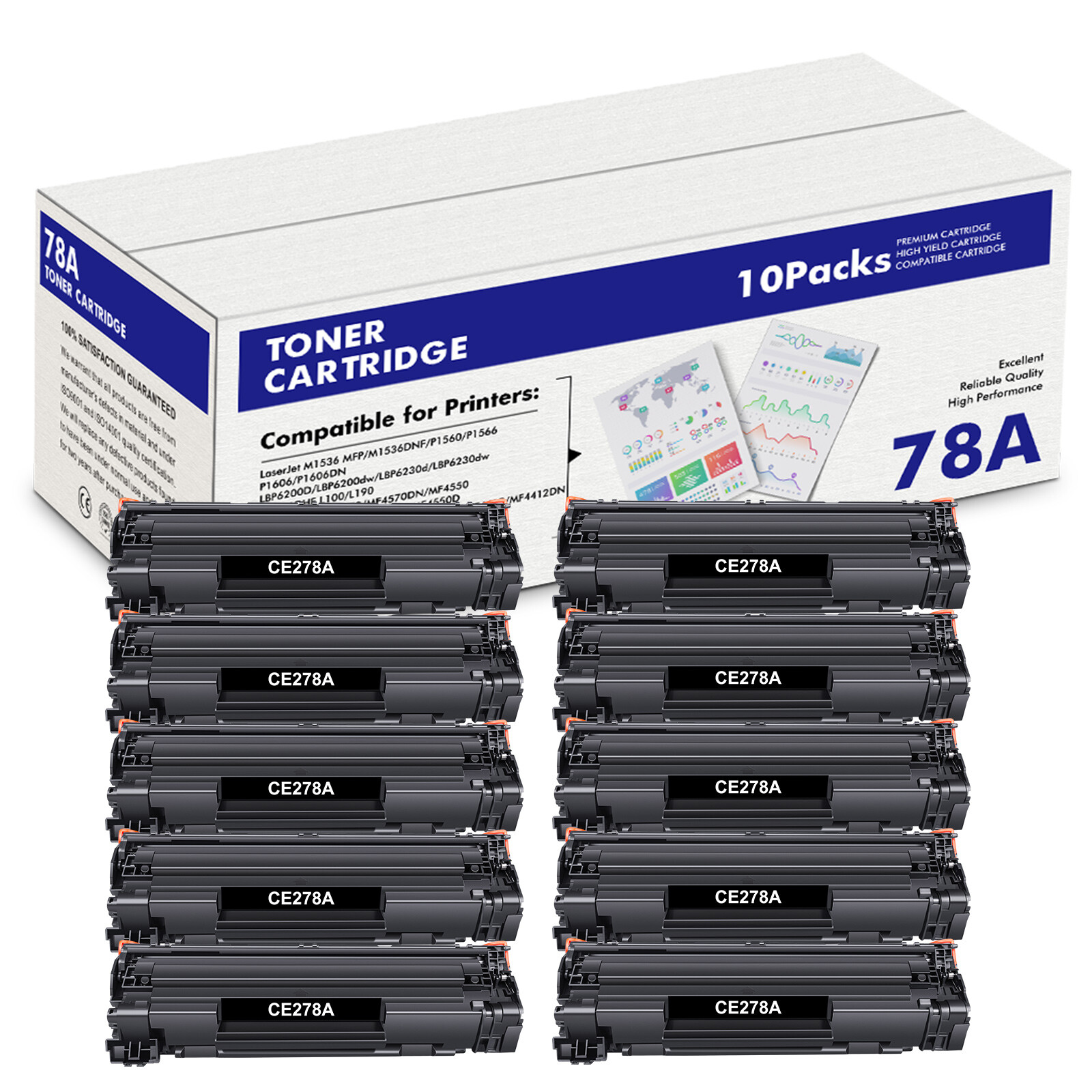 10 Pack CE278A Black Toner Cartridge For HP LaserJet Pro M1536F M1536NF P1650