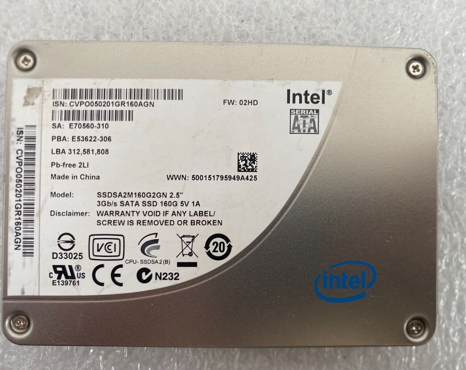 Intel 160GB SATA 3Gb/s SSDSA2M160G2GN 2.5