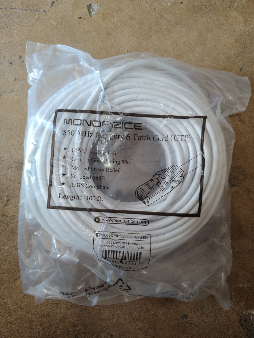 100ft Monoprice Cat6 Ethernet Network Lan Cable, White, Booted, RJ45, High Speed
