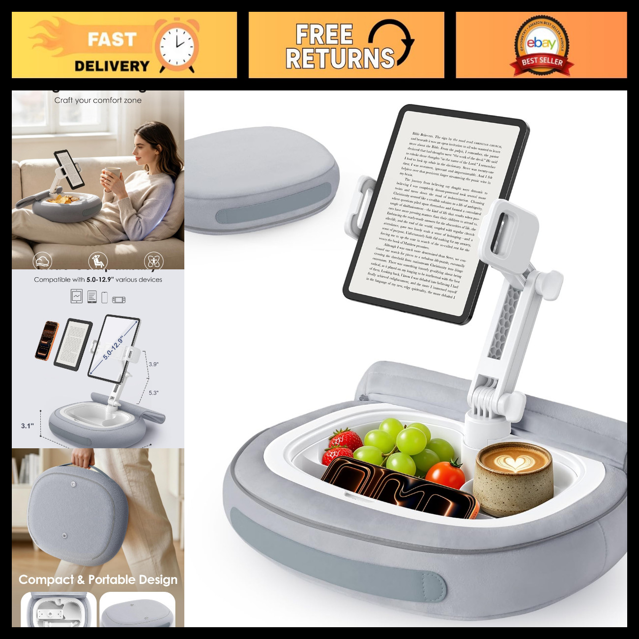 Adjustable Tablet Pillow Stand for Bed - 360° Rotating Holder for iPad/Kindle/Ph