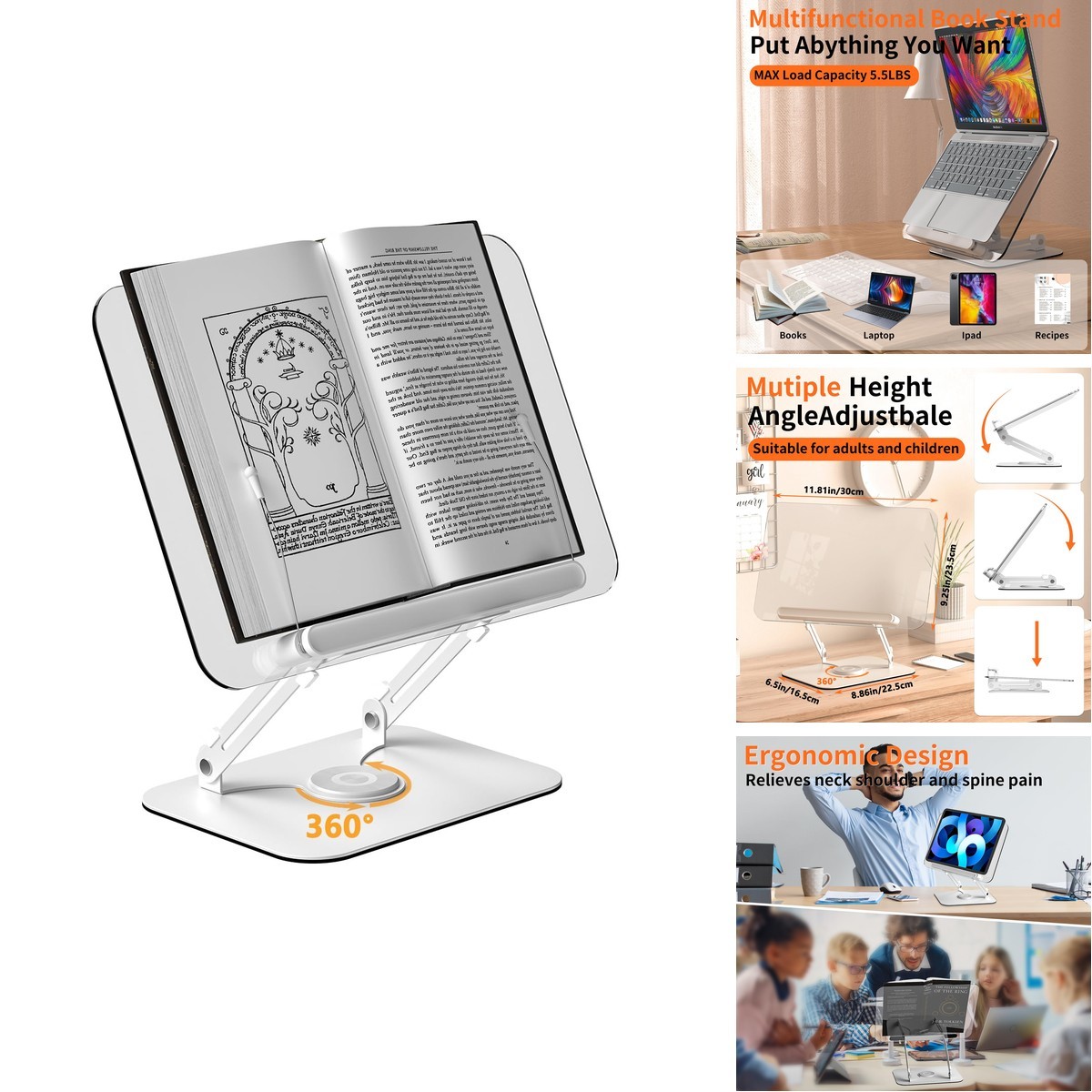 Alitamei Acrylic Book Stand 360° Rotating Base Adjustable Page Clips Foldable