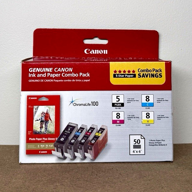 Canon Genuine PGI-5/CLI-8 Ink Combo Pack BK/CMY + Photo Paper Plus Glossy II