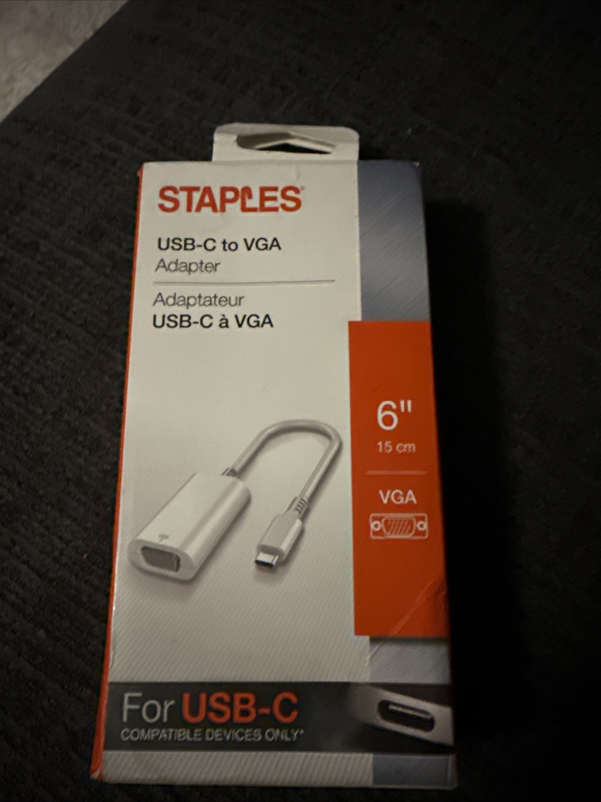 Staples USB-C to VGA Adapter 6”. Full 1080p  Resolution.  New (damaged Box).