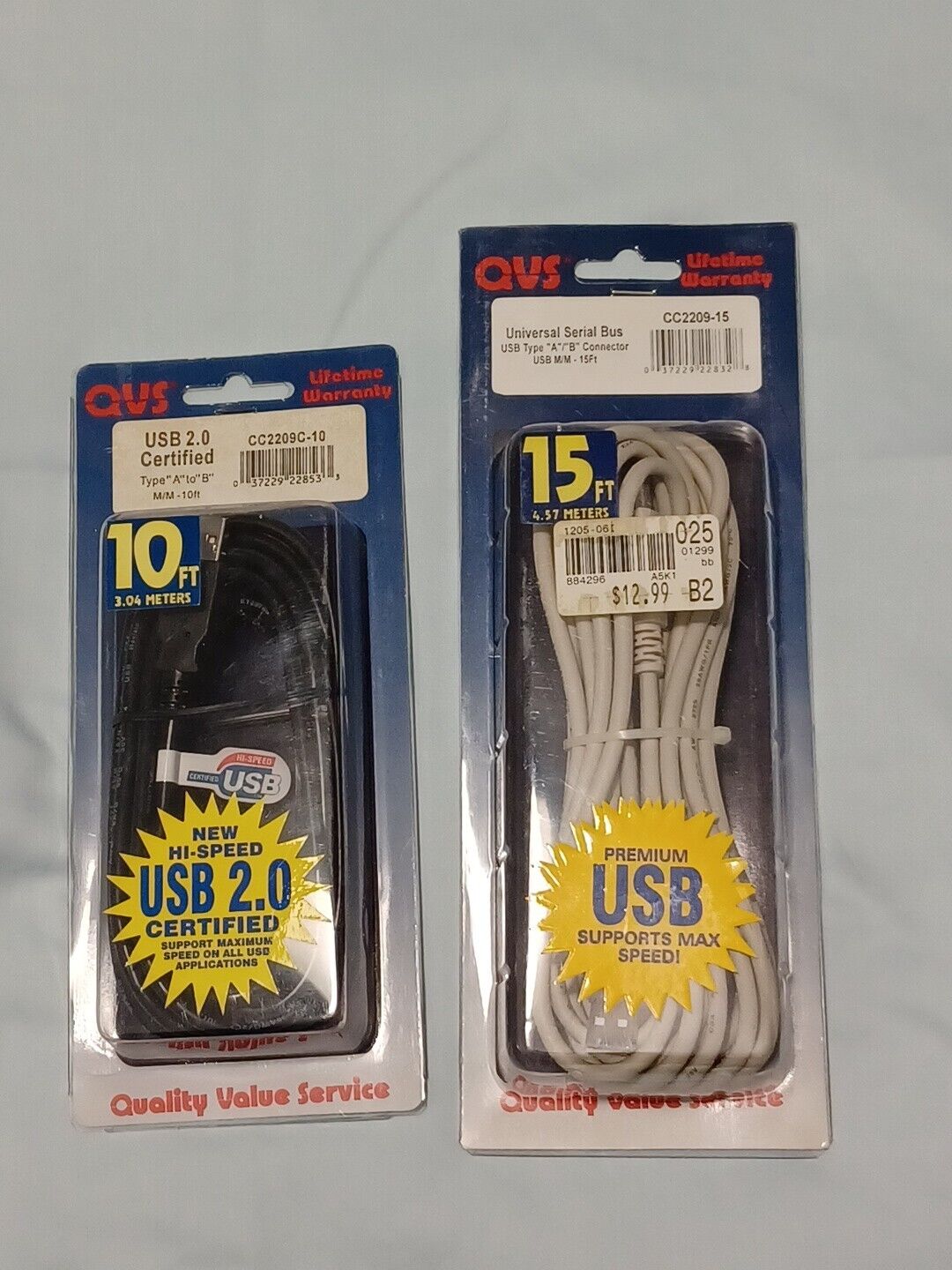 Set Of 2 NIP QVS USB Cords - 10ft Black CC2209-10, 15ft White CC2209-15
