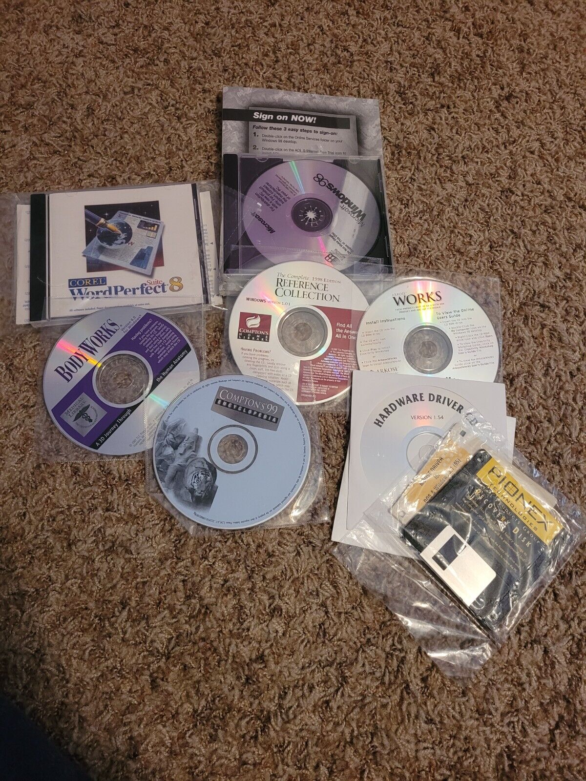windows 98, corel word perfect 8, body works, compton encyclopedia 99, and more