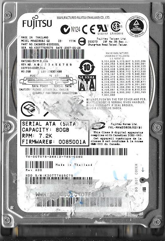 FUJITSU MHW2080BJ G2 80GB SATA HARD DRIVE P/N: CA06855-B30500DL
