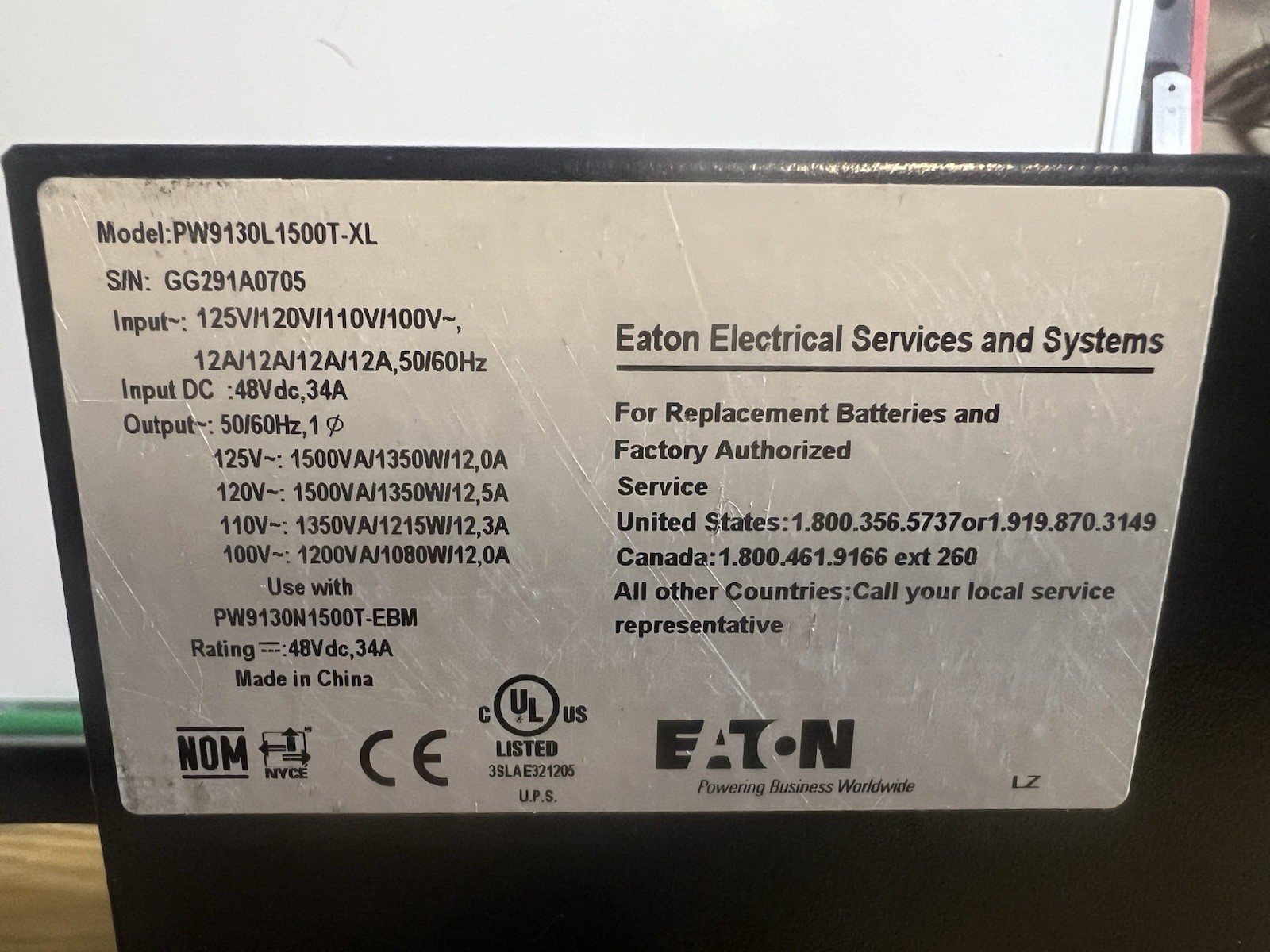 Eaton PW9130L1500T-XL UPS 125V/120V/110V/100V, 48VDC, 34A