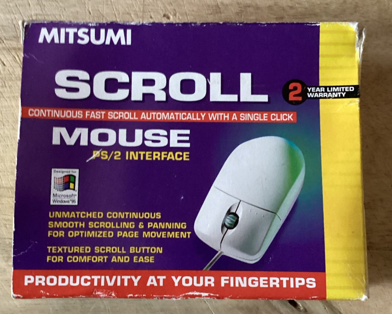 Mitsumi ECM-S5002 Scroll Mouse PS/2 Vintage Retro PC Wired Ball Mouse 1998 Boxed