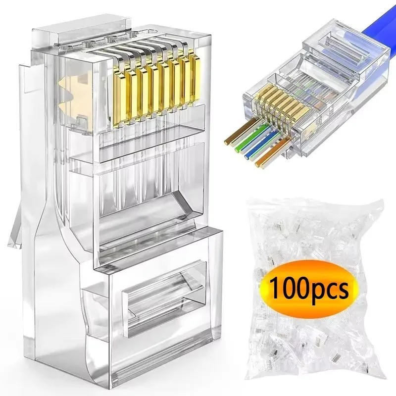 100pcs RJ45 Connector CAT6 Pass Through Connectors Crystal End Gold-Plated