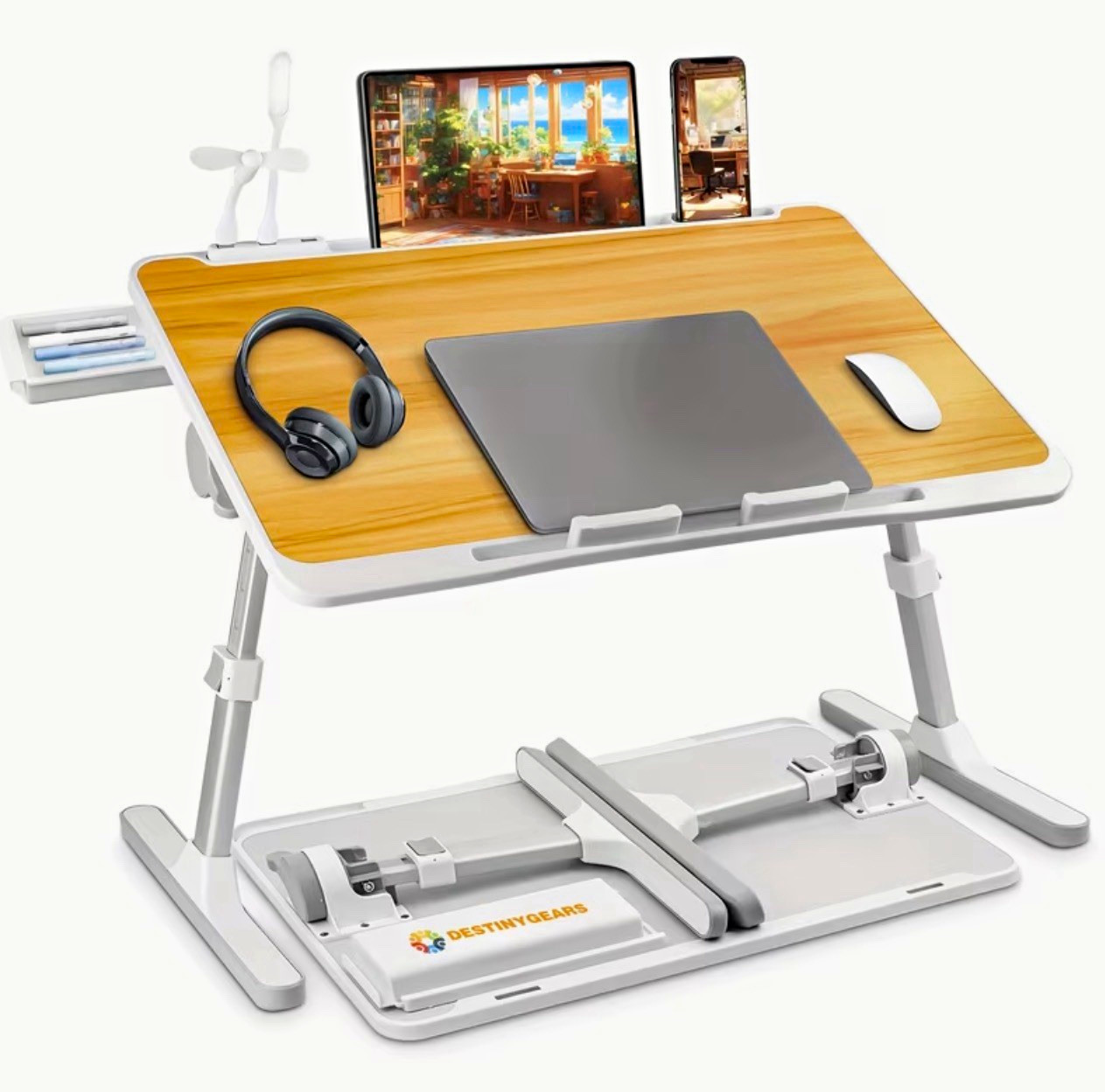 DestinyGears Adjustable Foldable Laptop Lap Desk, Wood Top White, 23.6 in