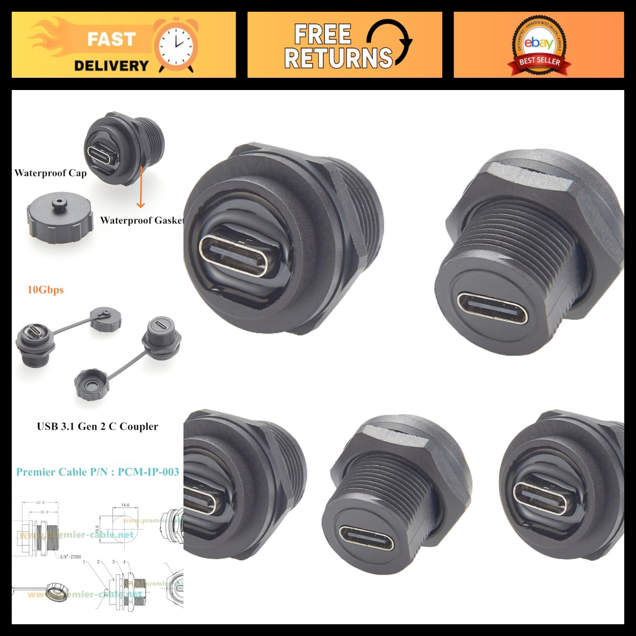 IP67 Waterproof USB C Coupler 10Gbps Female to Female Bulkhead Connector - 5PCS