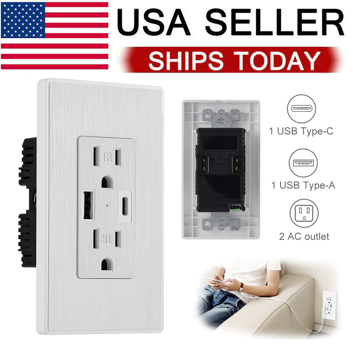 USB Outlet Type C + A Wall Charger 15 Amp TR Receptacle Plug Electrical Socket