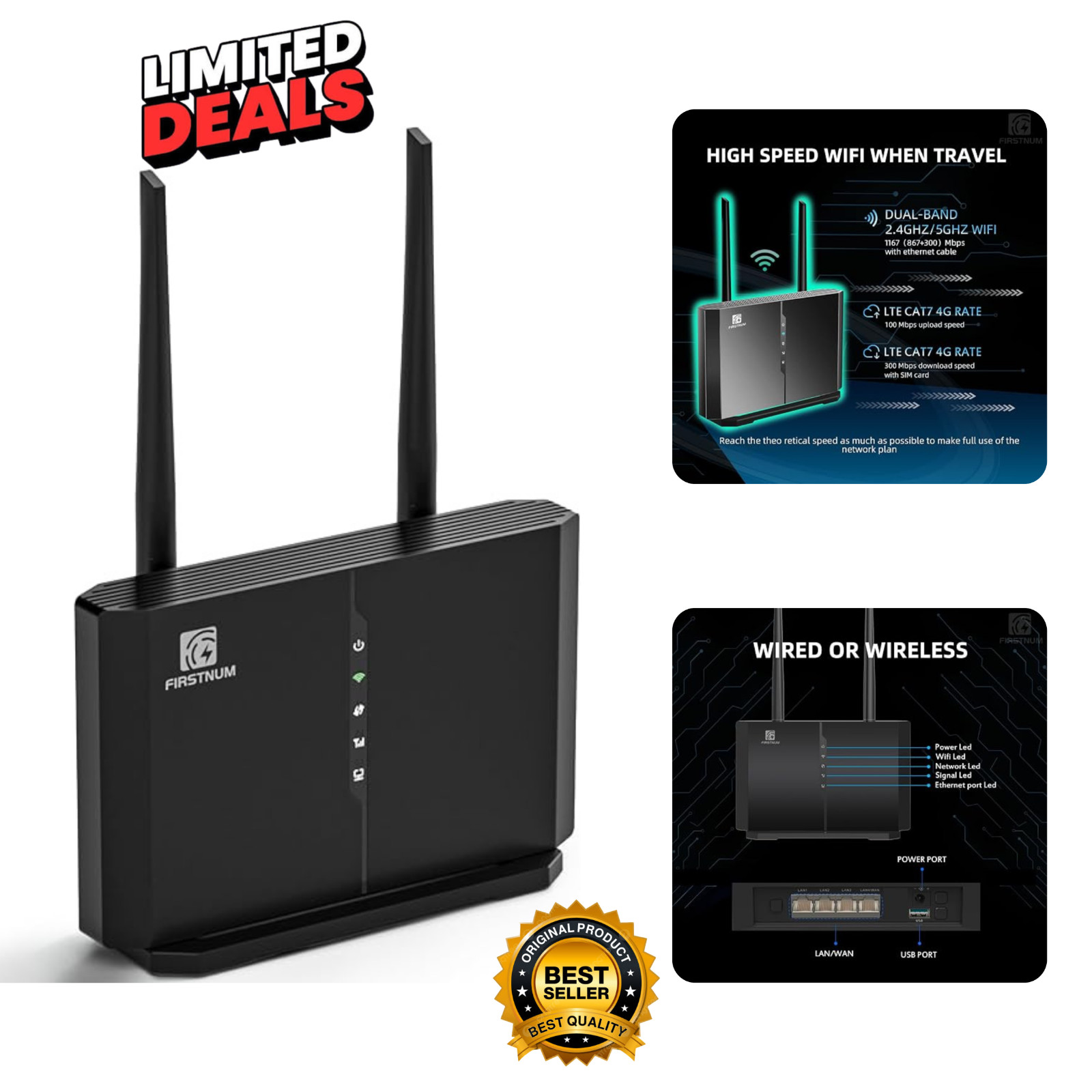 Firstnum CPE C600C WiFi Router with SIM Card Slot, 4G LTE CAT7 300 Mbps WiFi,...