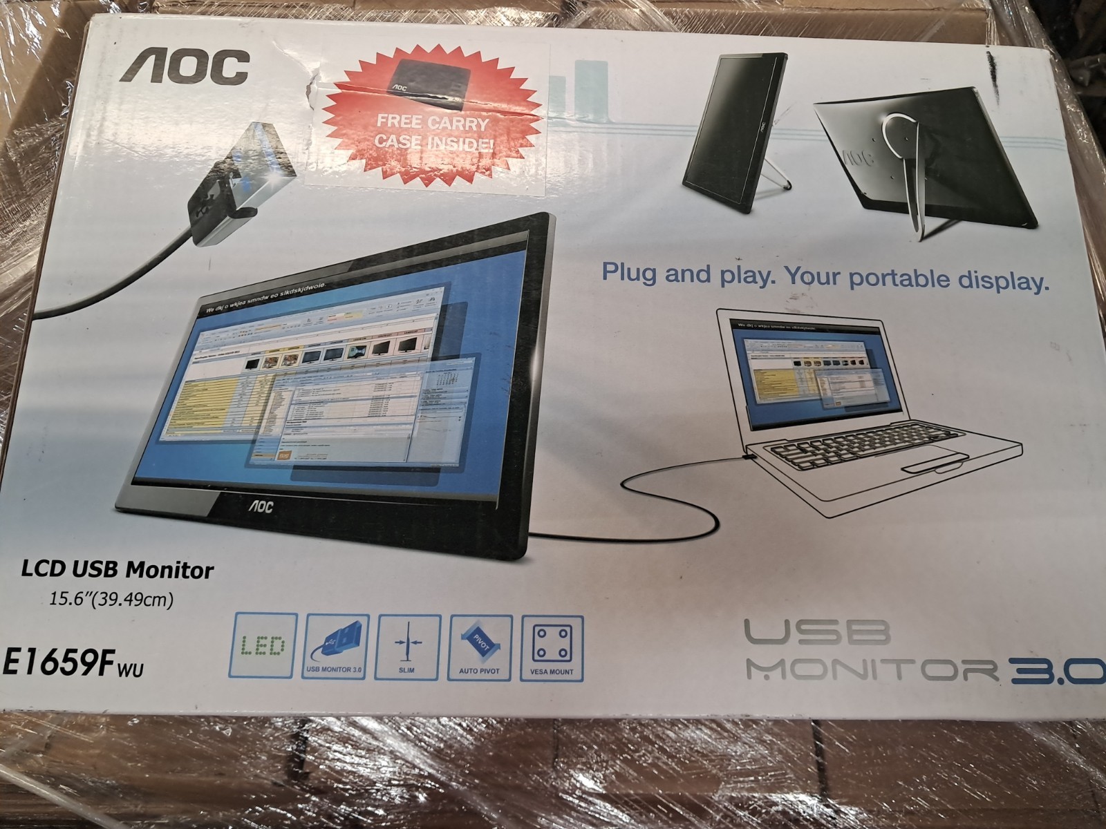 AOC E1659FWU 15.6" USB 3 Powered 136x768 LED Backlight LCD Monitor W/ Bag