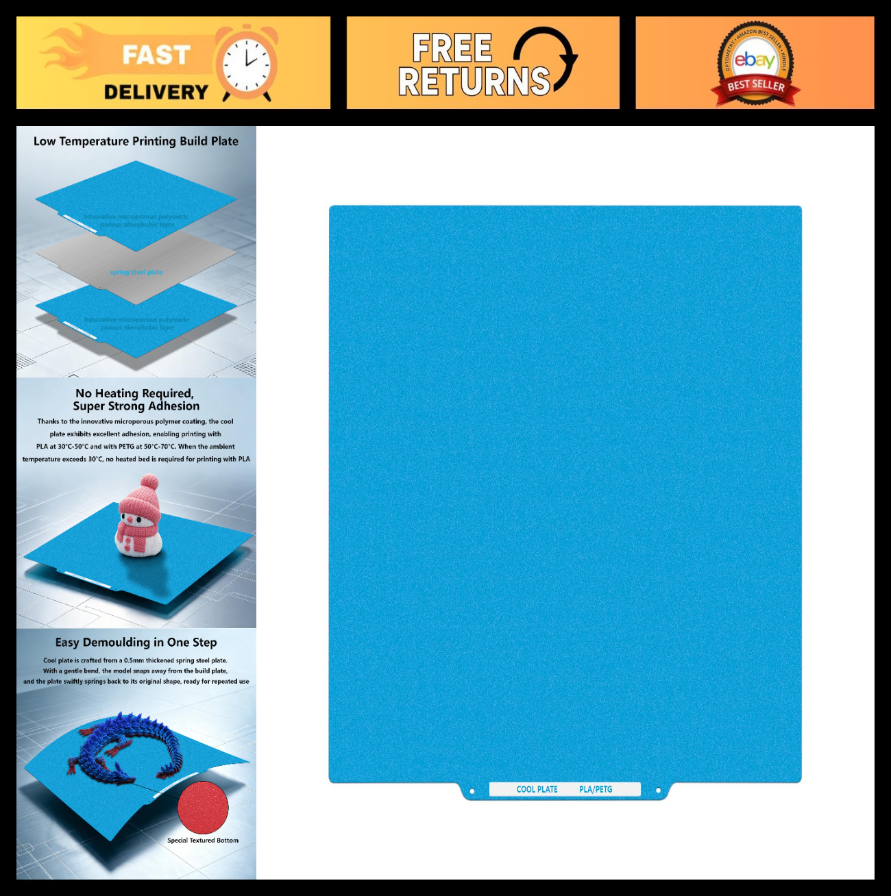 Double-Sided Cold Plate for 3D Printers - Low Temp Build Surface, Strong Adhesio