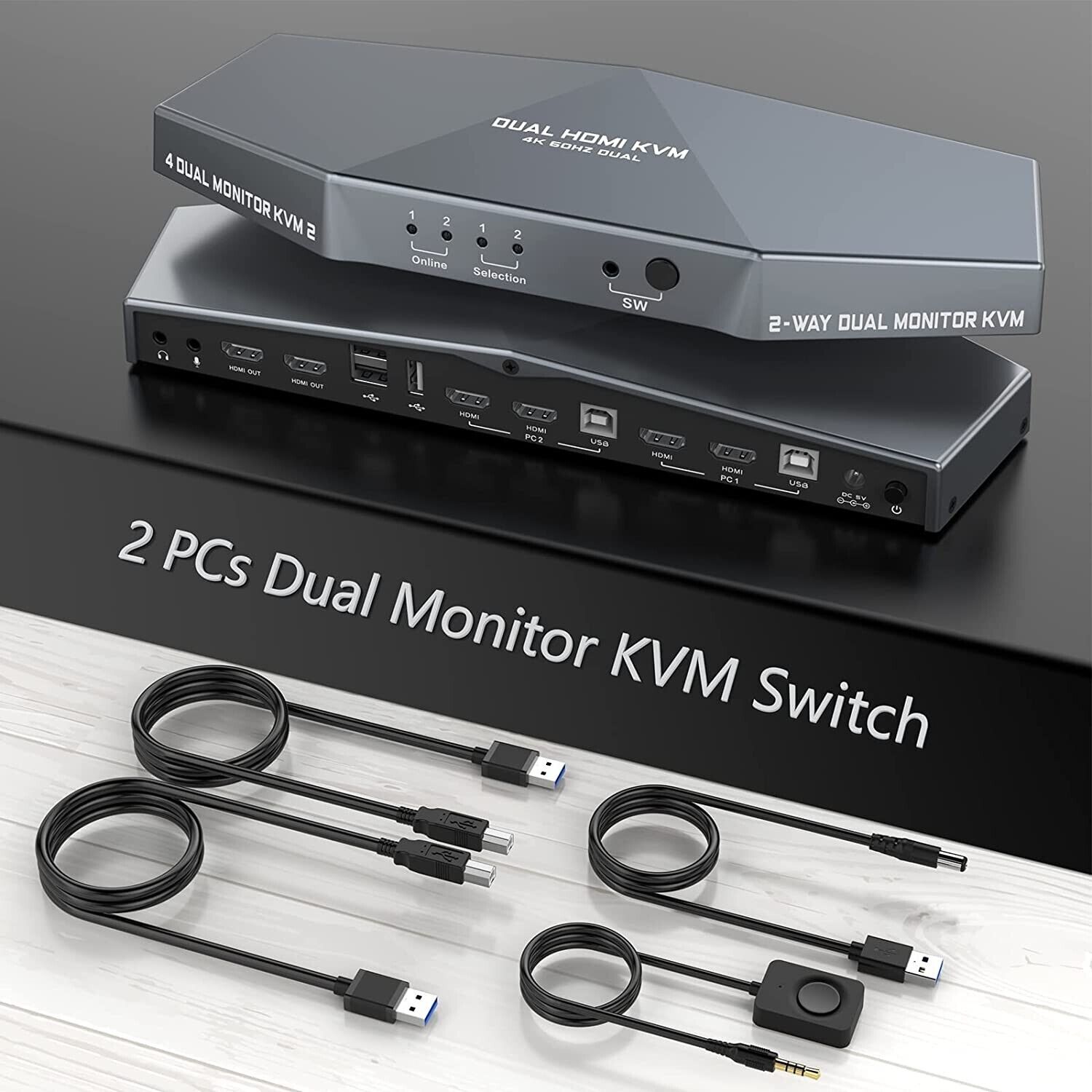 4K@60HZ 2 PCs Dual Monitor KVM Switch, HDMI KVM Switch Dual Monitor Suitable for