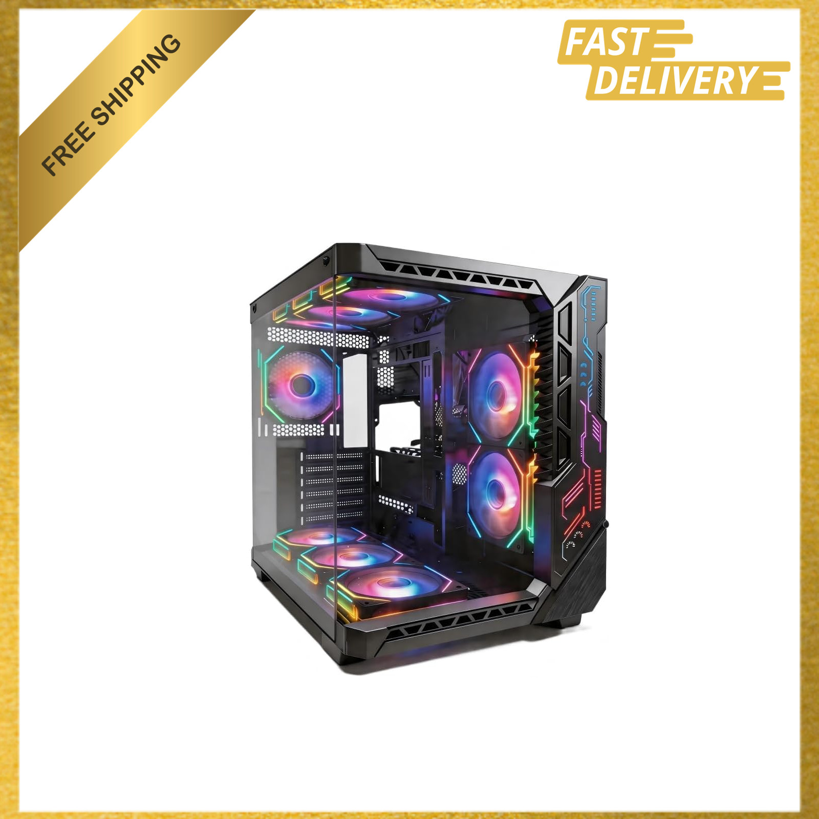 Mid Tower Gaming PC Case ATX with Tempered Glass and RGB Fans 9, Support 360mm