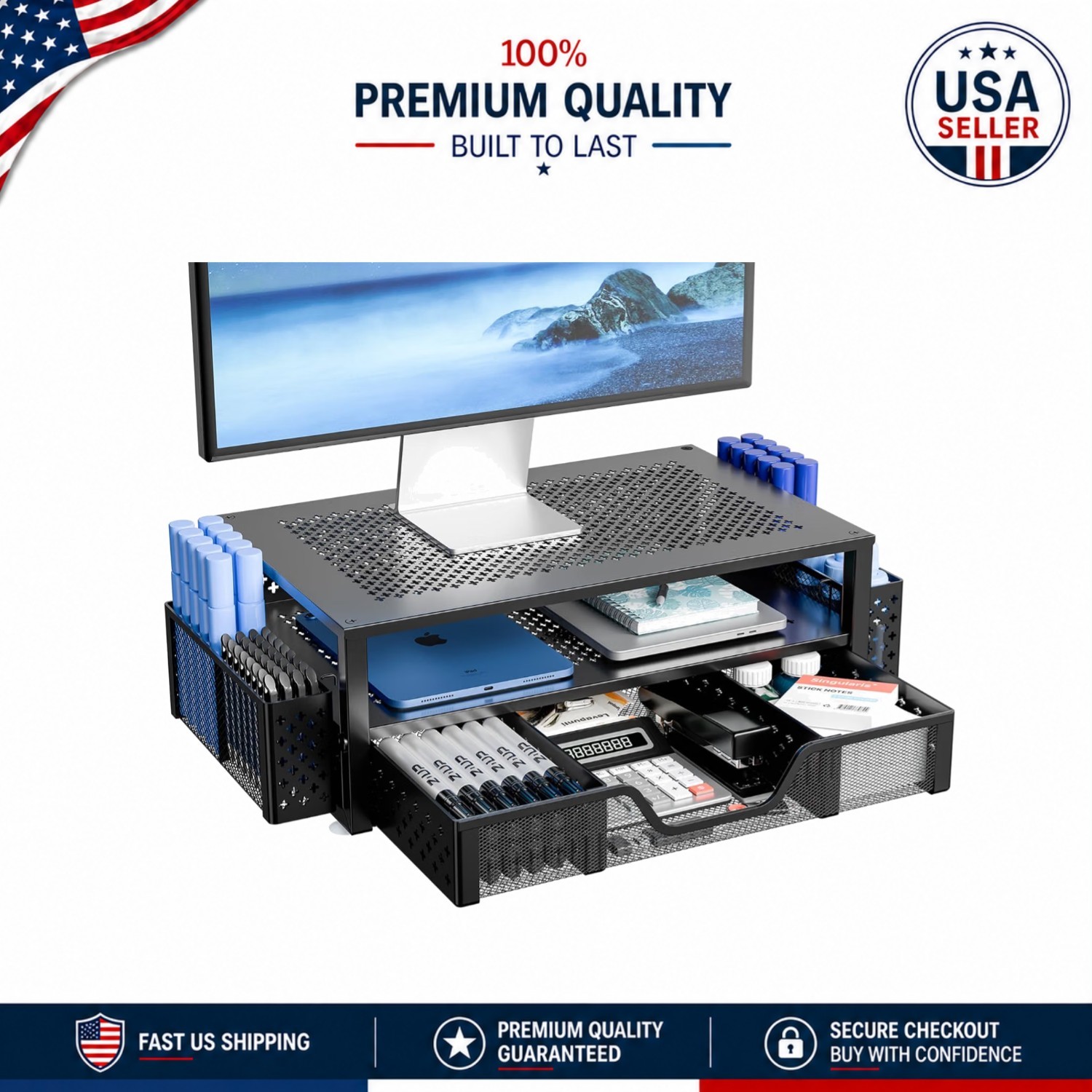 Stylish Black Laptop Stand with Cooling Mesh & Storage - Perfect for Home Office