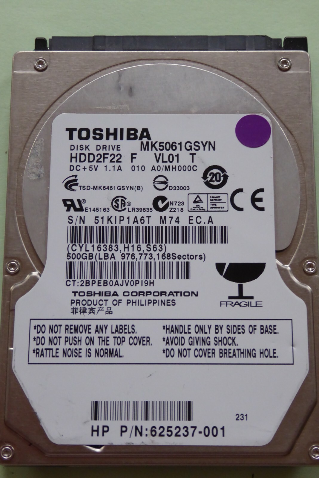 MK5061GSYN HDD2F22 F VL01 T A0/MH000C Toshiba 500GB