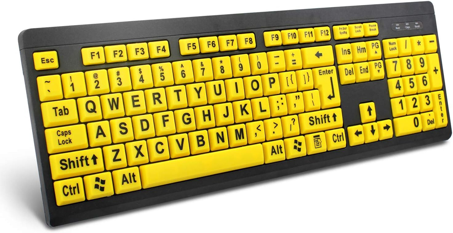 Large Print Computer Keyboard Wired USB High Contrast Low Vision Yellow Black