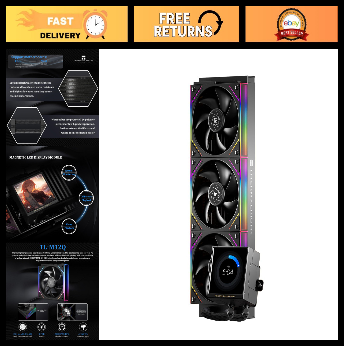 High-Performance 360mm ARGB CPU AIO Cooler, IPS LCD Screen, AM4/AM5 & Intel Comp