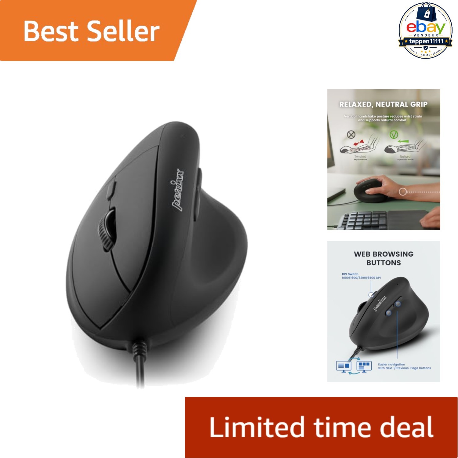Wired Vertical Mouse Black 6 Buttons Optical Sensor USB Plug And Play Ergonomic
