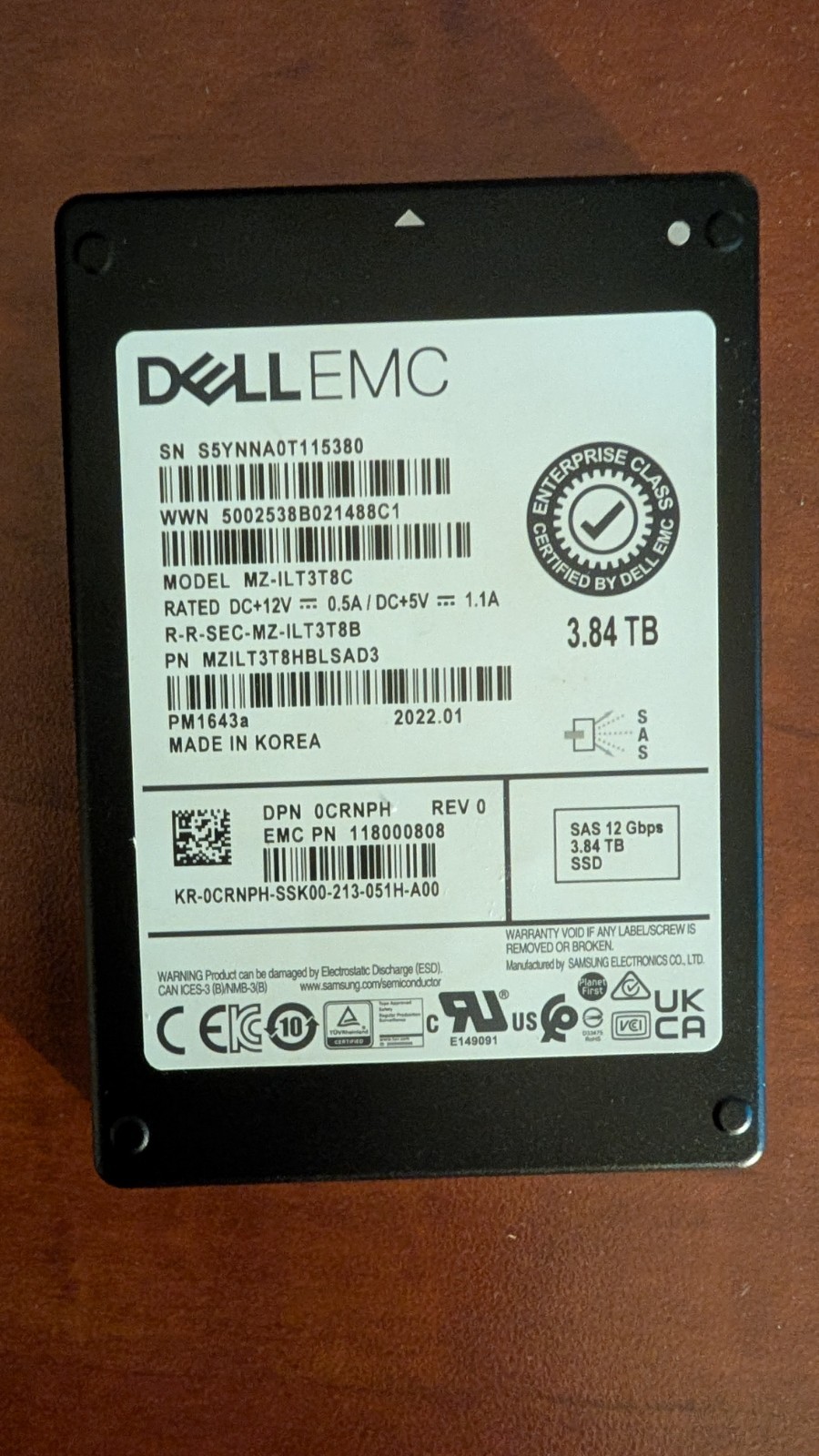 DELL CRNPH 3.84TB SSD Samsung MZ-ILT3T8C PM1643a SAS 12GBPS RI 2.5"