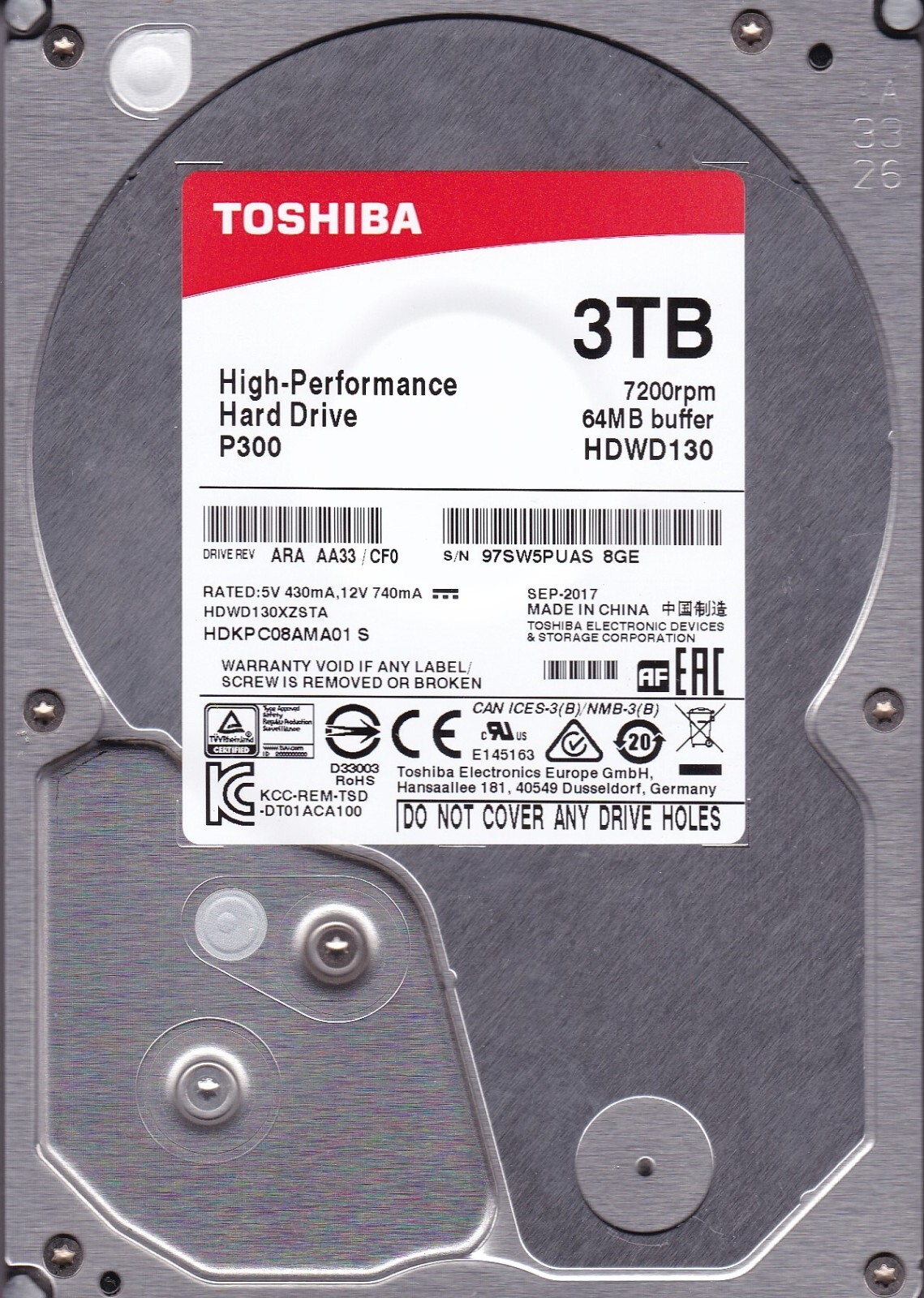 Toshiba HDWD130 HDWD130XZSTA ARAAA33/CF0 HDKPC08AMA01 S China SEP 2017 3TB A6-20