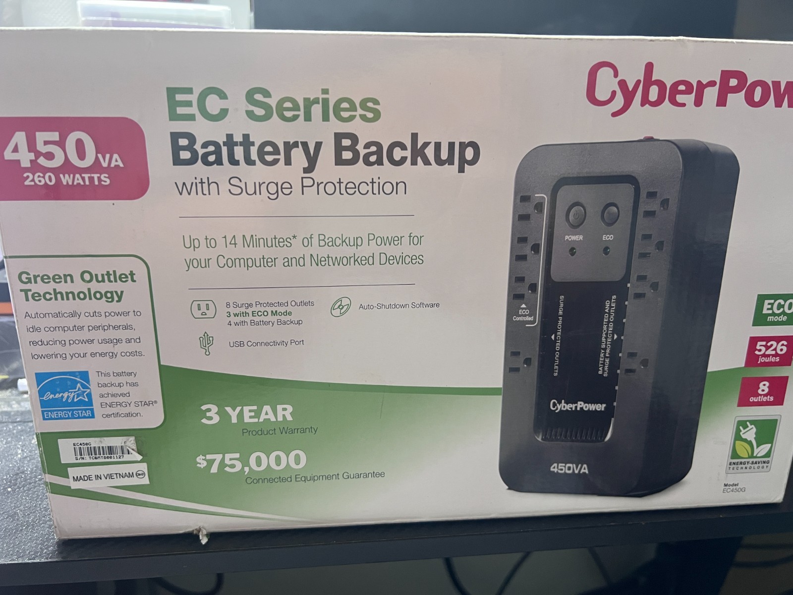 CYBERPOWER EC450G ECOLOGIC BATTERY BACKUP 450VA/260W 8 OUTLETS - BLACK