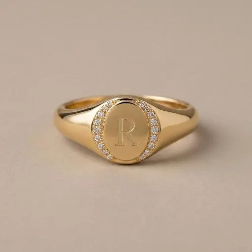 Diamond Halo Initial Ring, Personalized Letter Signet Ring, Custom Monogram Gold
