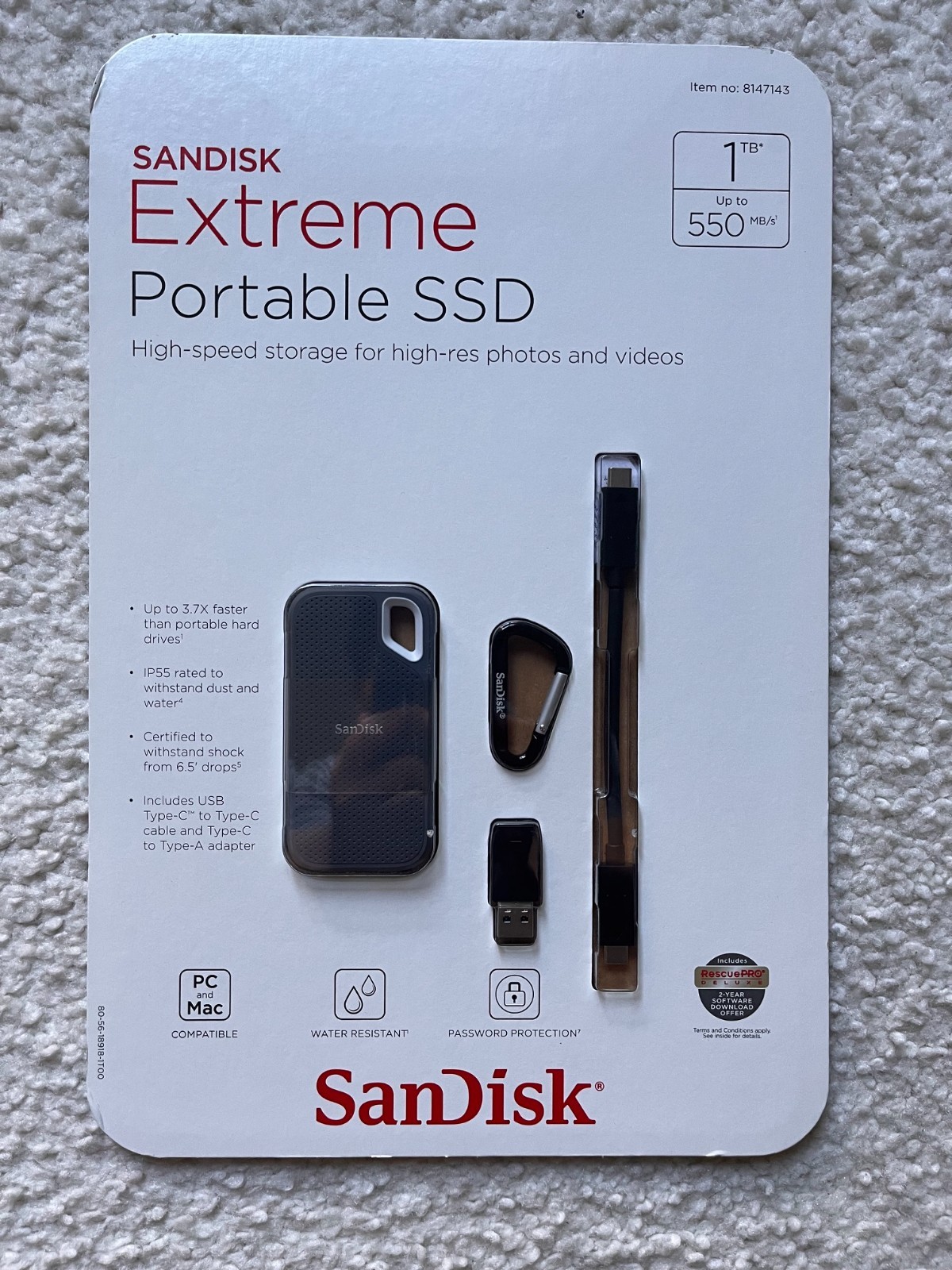 SanDisk Extreme 1TB USB-C Portable External SSD (SDSSDE60-1T00-AC)