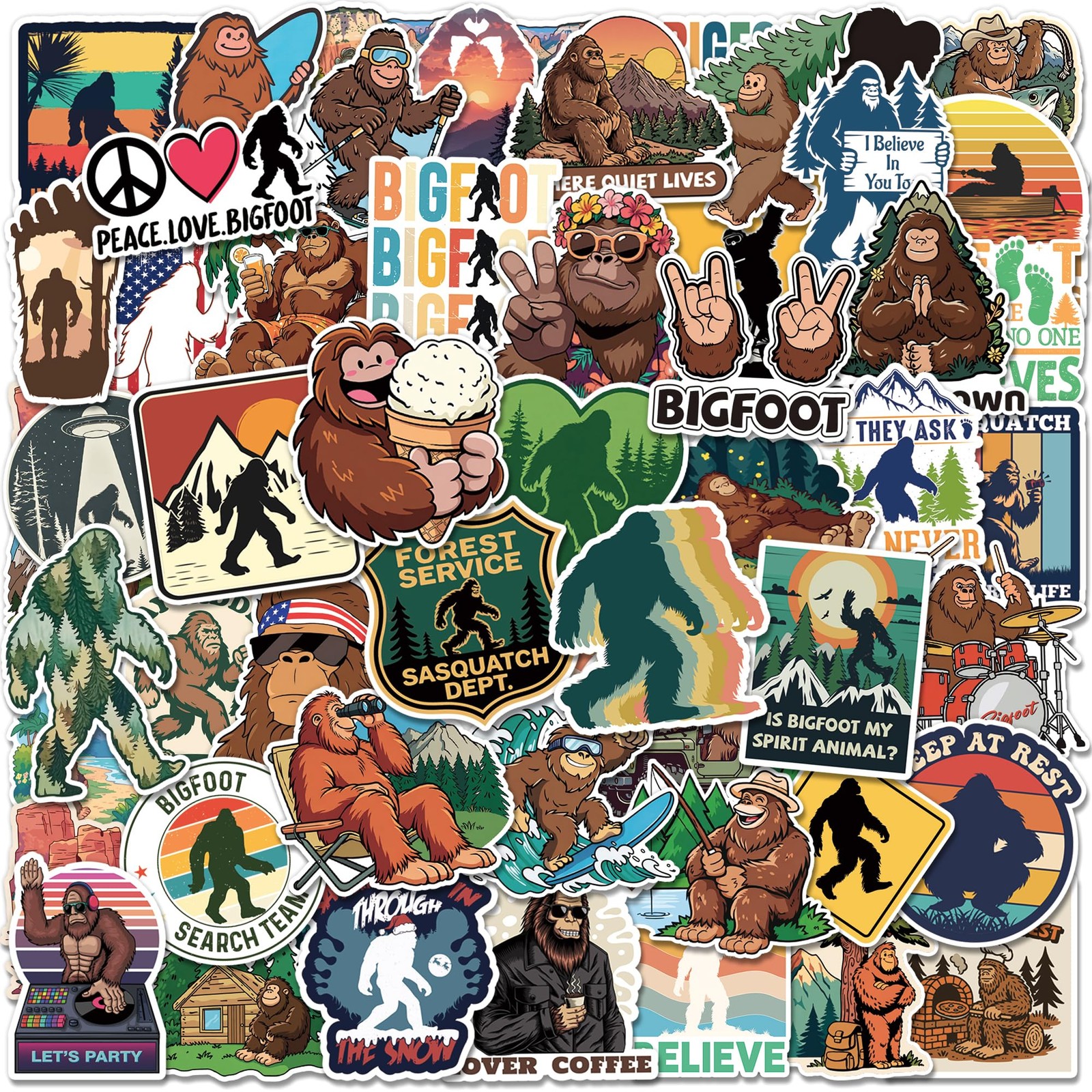 Yqskt 200PCS Bigfoot Stickers, Brown, Yellow, Green, Red, Black, Blue
