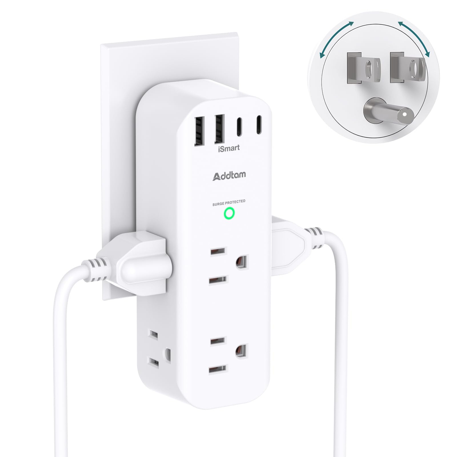 Surge Protector Wall Outlet Extender, Multi Plug with 2C2A 15W, White