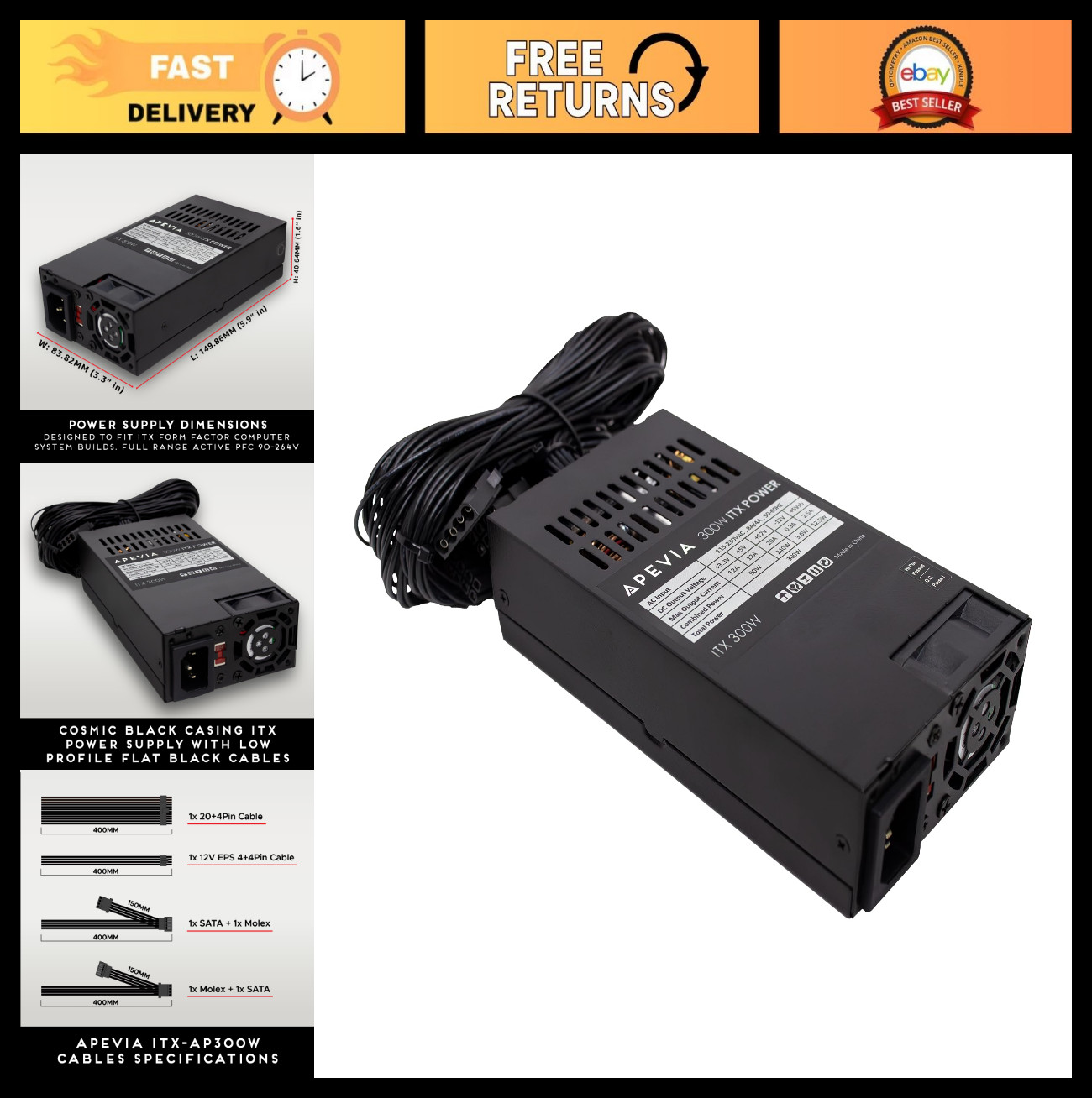 300W ITX ATX Power Supply - 115V/230V Manual Switch, Compact & Reliable PSU