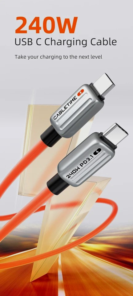 2 Pcs CABLETIME USB-C to USB-C Cable 240W PD3.1 48V 5A 480Mbps E-Marker Orange